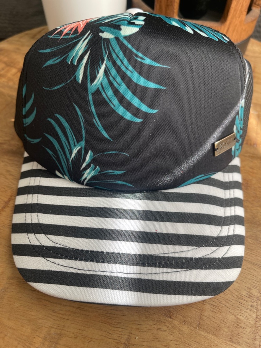 Roxy Trucker Hat~'Water Come Down" Striped Brim: black, teal, coral & white NWT